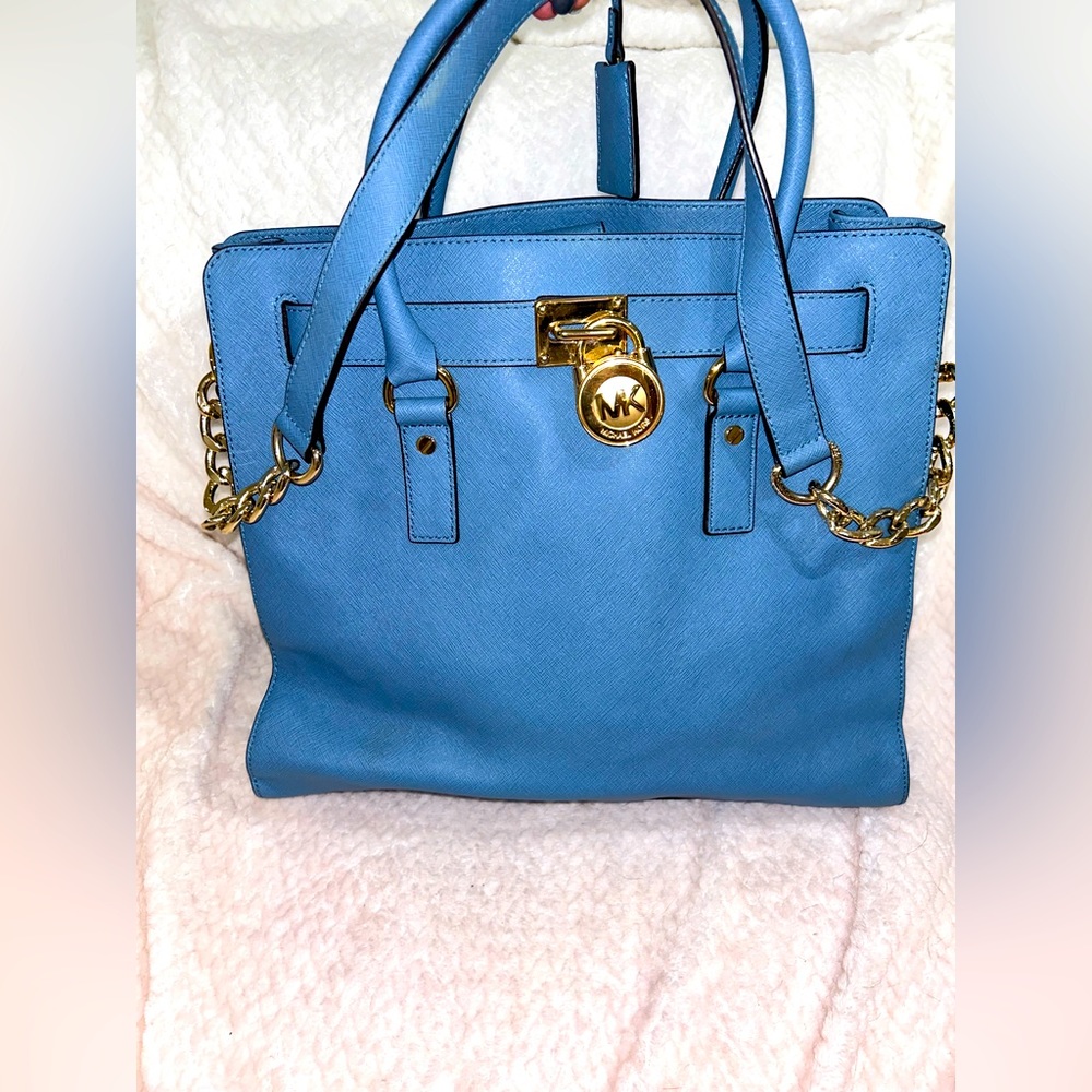 Michael Kors Large Hamilton Pale Blue with Gold Lock Satchel Bag